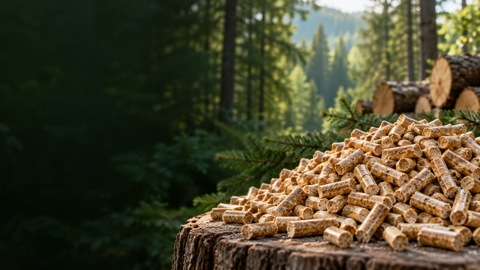 Representative golden wood fuel pellets against a green forest
