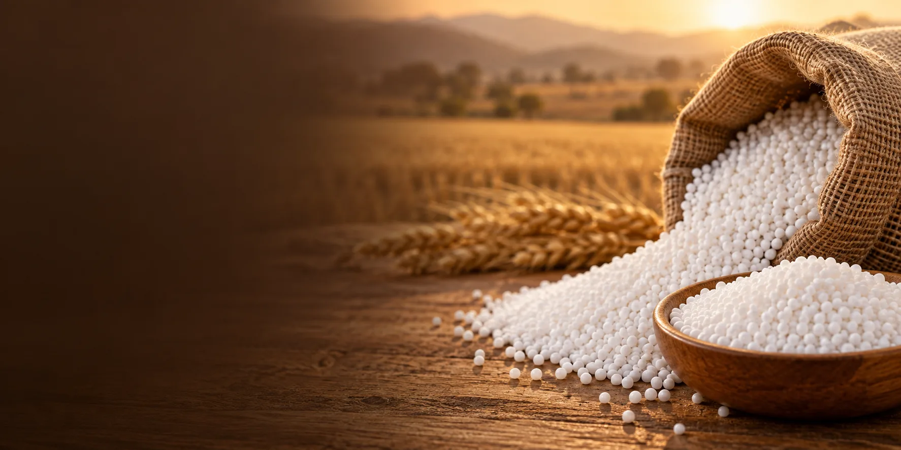 Representative white fertilizer granules and a burlap sack beside an agricultural field